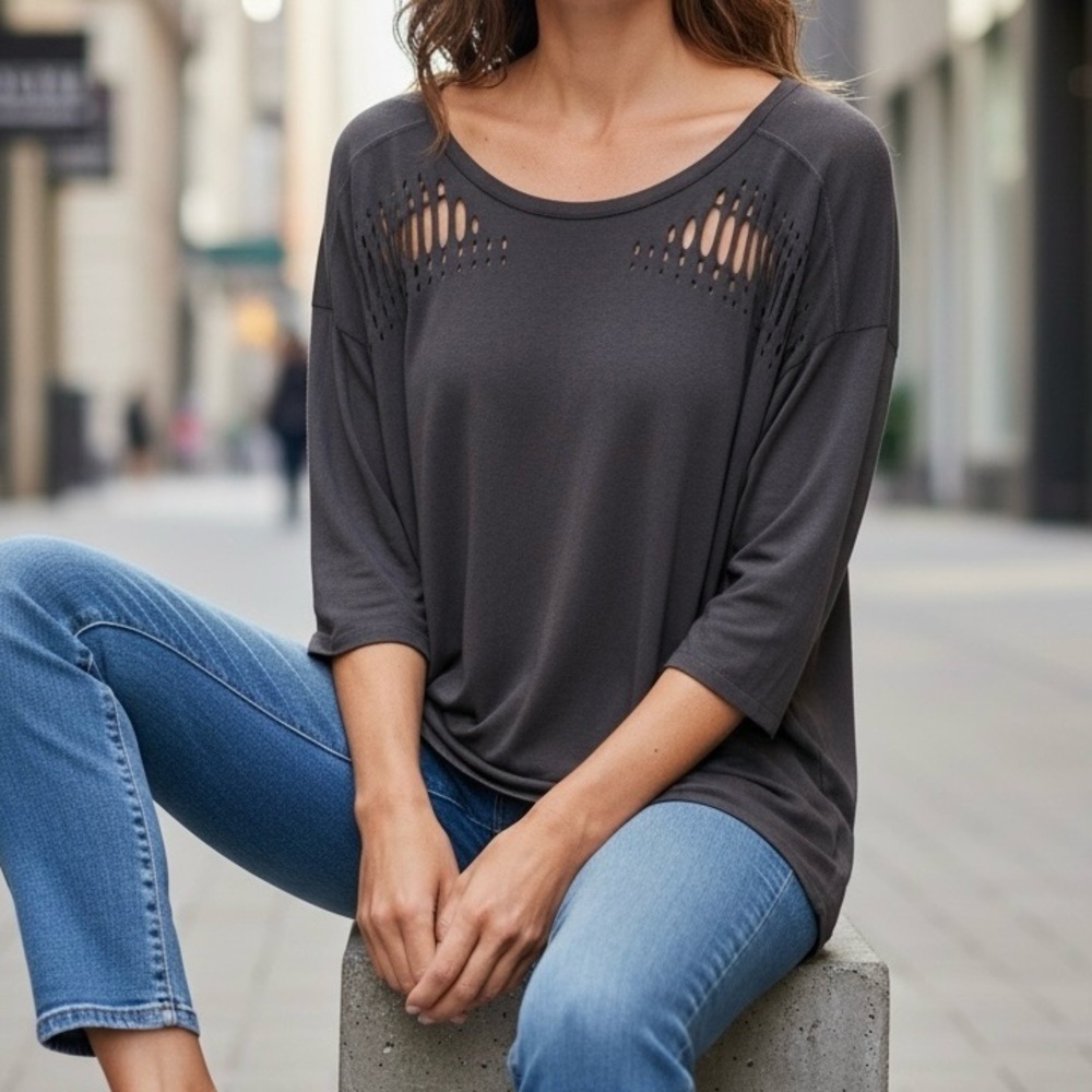 Sundry Gray Pullover Tee T Shirt Top Cutouts Half Sleeves OS One Size Soft